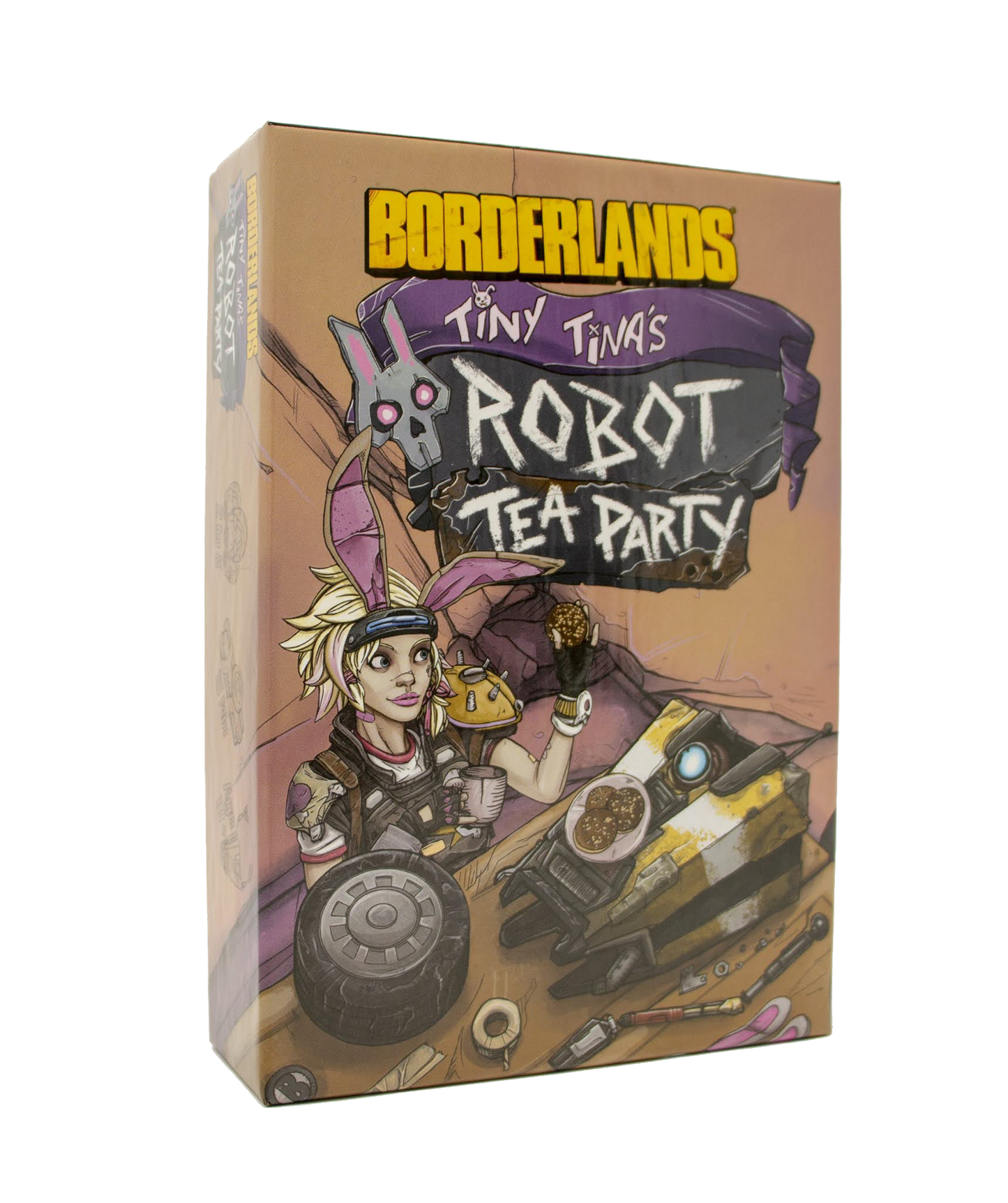 Borderlands Tiny Tina’s Robot Tea Party, Tiny Tina Robot Tea Party card game, Borderlands card game, Claptrap card game, Tiny Tina tabletop game, Borderlands tabletop game, 2 to 5 player card game, 15 minute card game, quick party card game, take that card game, science fiction humor card game, officially licensed Borderlands game, game night filler card game, gift for Borderlands fans, gift for video game fans, Vault Hunter game, Claptrap varieties game, Brick Mordecai Moxxi Earl card game, Nerdvana Games 