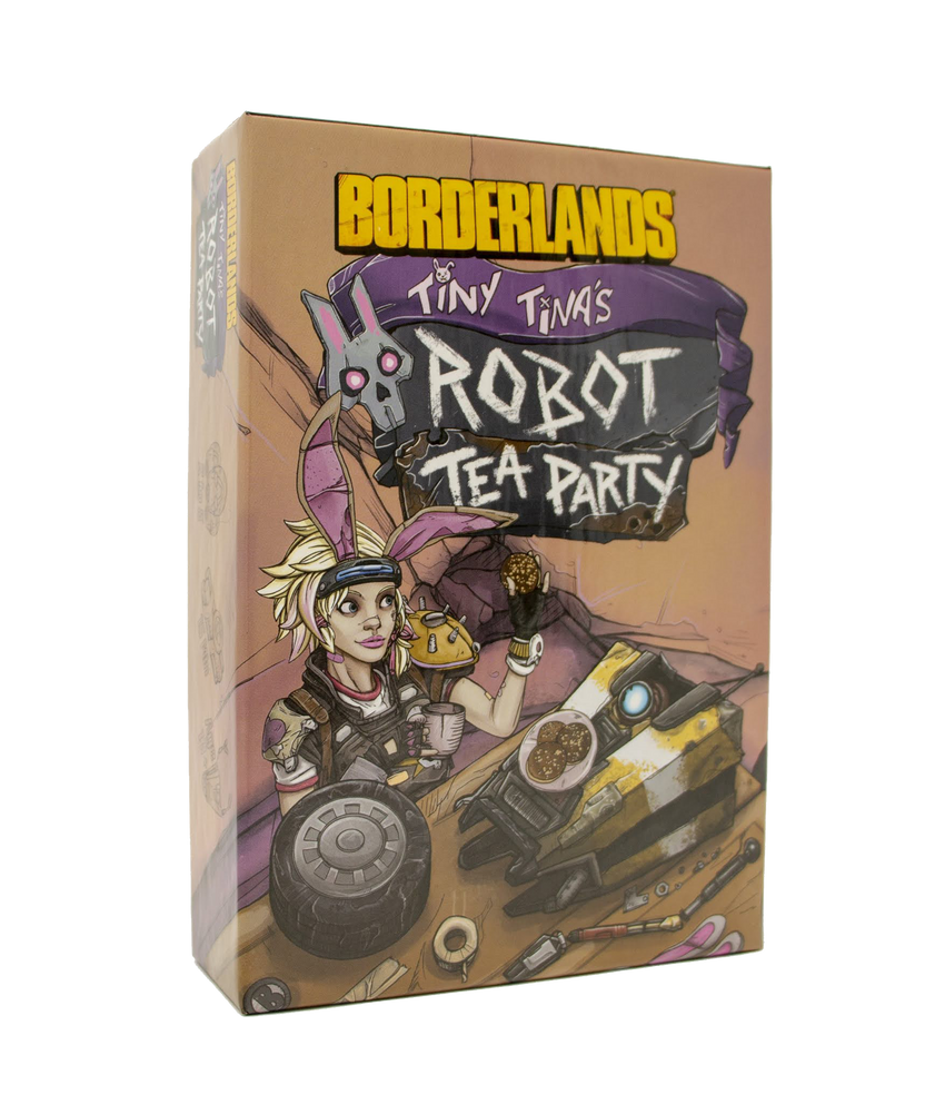 Borderlands Tiny Tina’s Robot Tea Party, Tiny Tina Robot Tea Party card game, Borderlands card game, Claptrap card game, Tiny Tina tabletop game, Borderlands tabletop game, 2 to 5 player card game, 15 minute card game, quick party card game, take that card game, science fiction humor card game, officially licensed Borderlands game, game night filler card game, gift for Borderlands fans, gift for video game fans, Vault Hunter game, Claptrap varieties game, Brick Mordecai Moxxi Earl card game, Nerdvana Games 