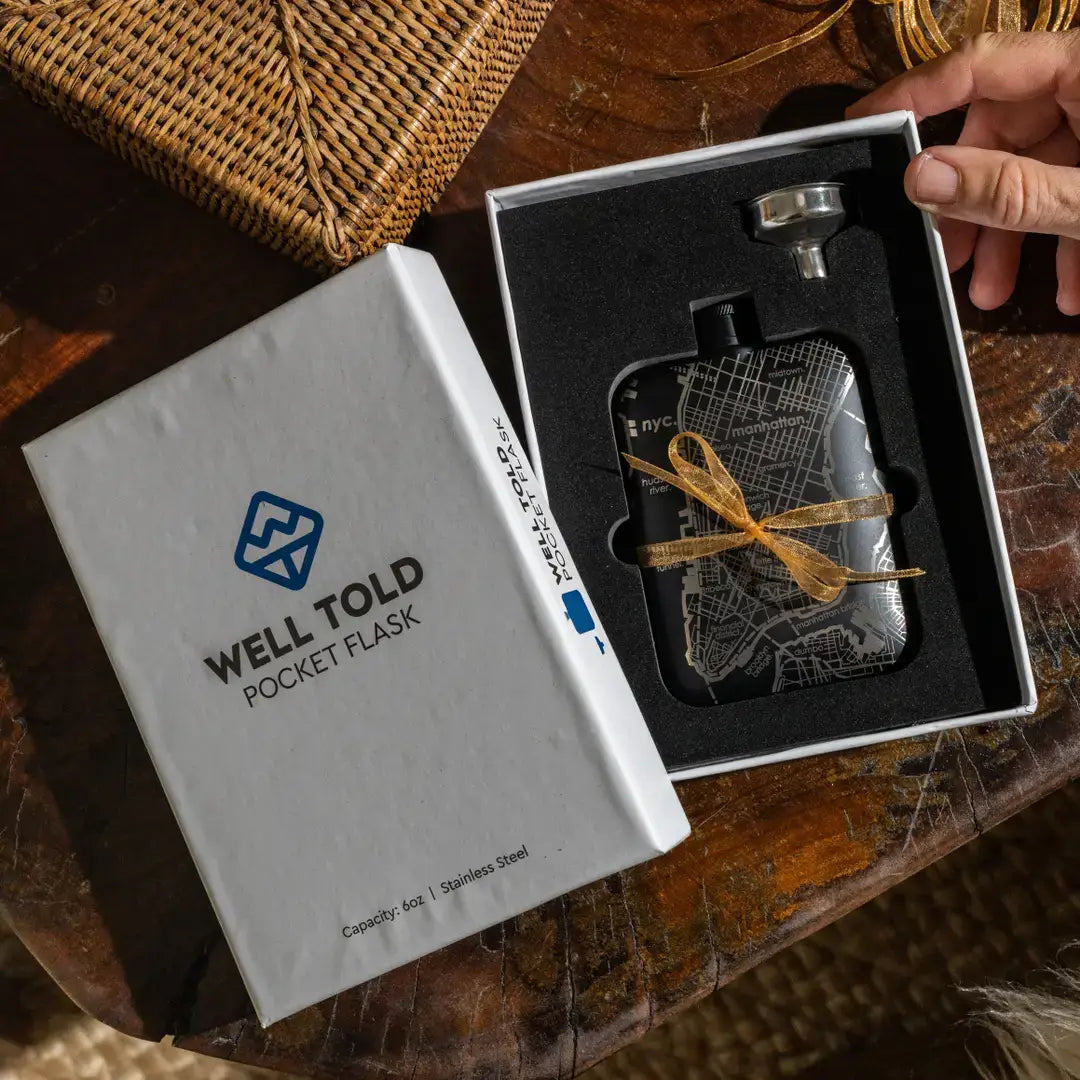 Mt. Hood topography flask, Oregon mountain flask, Well Told stainless steel flask, etched topographic map drinkware, outdoor adventure gift, Pacific Northwest flask, Mt. Hood OR souvenir gift, white steel pocket flask, engraved mountain topography flask, hiker gifts, climber gifts, flask with funnel gift set, Rogue & Rye adventure collection, topography map drinkware, local reimagined gift ideas.