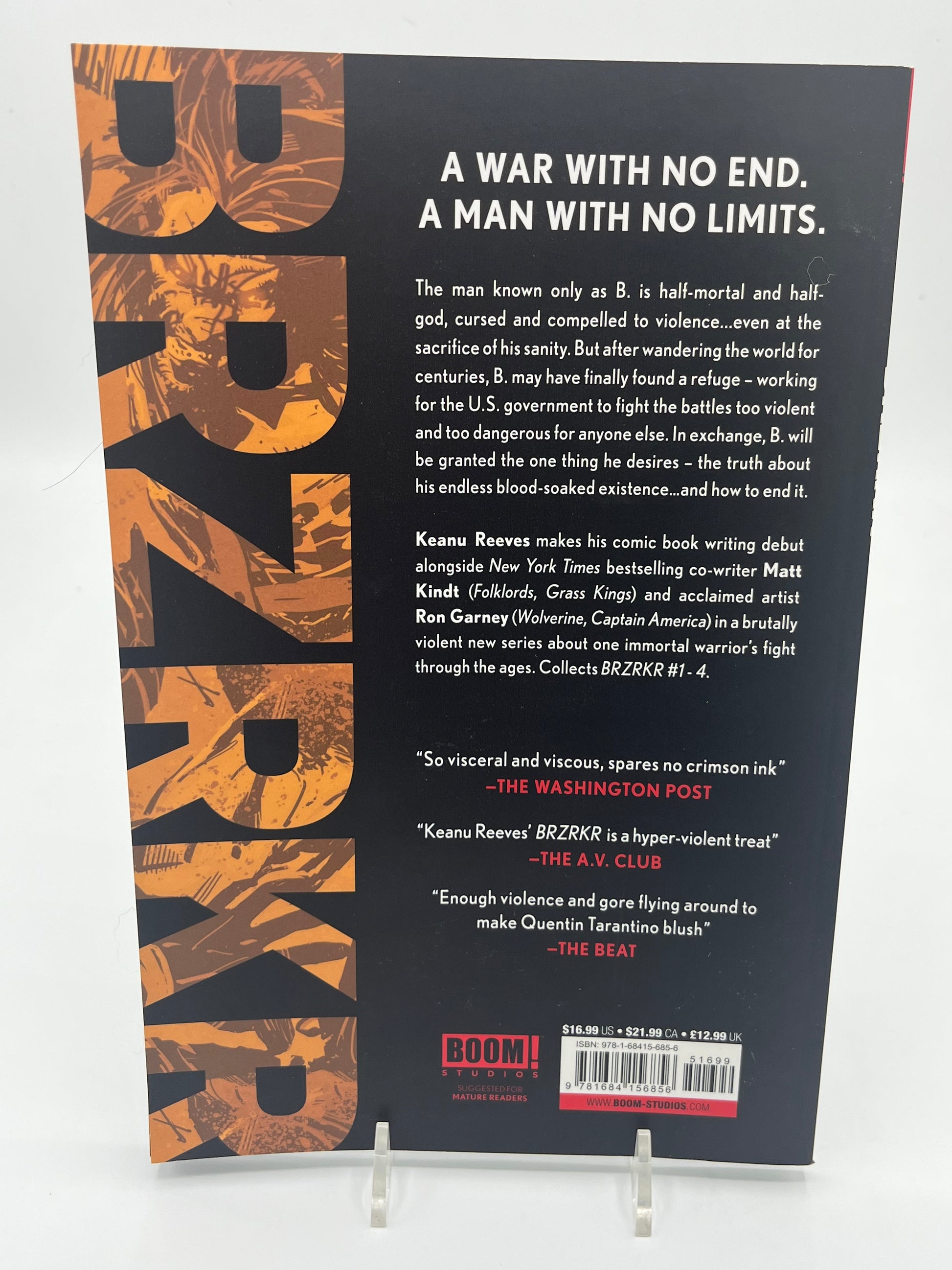 Back cover of BRZRKR Volume One featuring the series synopsis, review quotes, and publisher information from the graphic novel by Keanu Reeves, Matt Kindt, and Ron Garney.