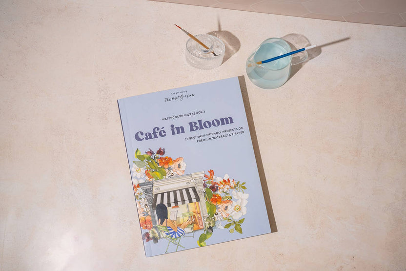 café watercolor workbook, garden watercolor book, beginner watercolor projects, Sarah Simon watercolor book, watercolor painting for adults, paint-in watercolor journal, floral watercolor scenes, cozy art projects, watercolor café illustrations, botanical watercolor practice