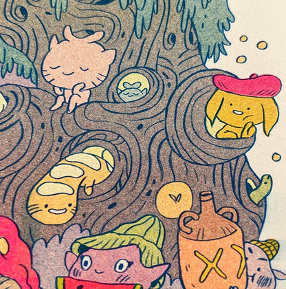 Campfire risograph print, woodland friends illustration, Natalie Andrewson riso art, blue yellow fluorescent pink riso, cozy forest scene artwork, campfire creature art, Patreon riso subscription print, indie printmaker risograph, square riso art, whimsical woodland illustration, collectible riso print, Rogue & Rye artist collection.