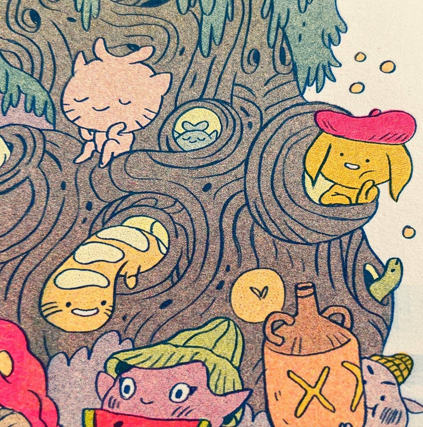 Campfire risograph print, woodland friends illustration, Natalie Andrewson riso art, blue yellow fluorescent pink riso, cozy forest scene artwork, campfire creature art, Patreon riso subscription print, indie printmaker risograph, square riso art, whimsical woodland illustration, collectible riso print, Rogue & Rye artist collection.