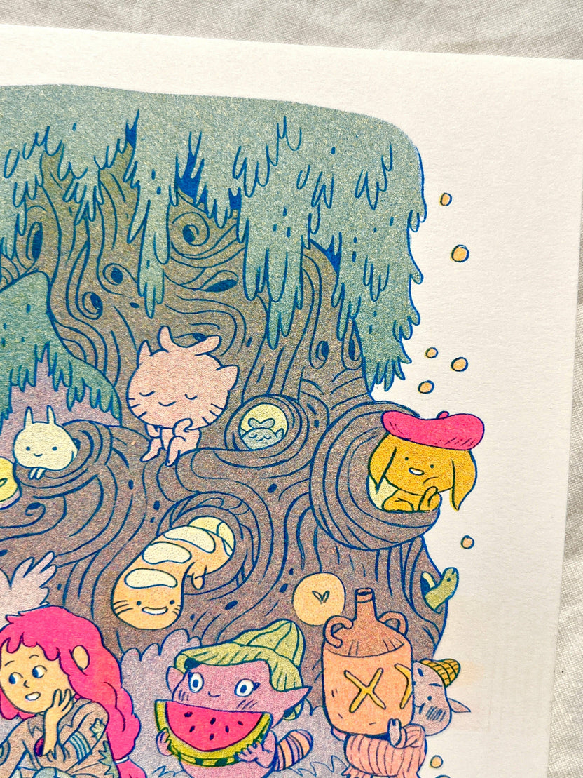 Campfire risograph print, woodland friends illustration, Natalie Andrewson riso art, blue yellow fluorescent pink riso, cozy forest scene artwork, campfire creature art, Patreon riso subscription print, indie printmaker risograph, square riso art, whimsical woodland illustration, collectible riso print, Rogue & Rye artist collection.