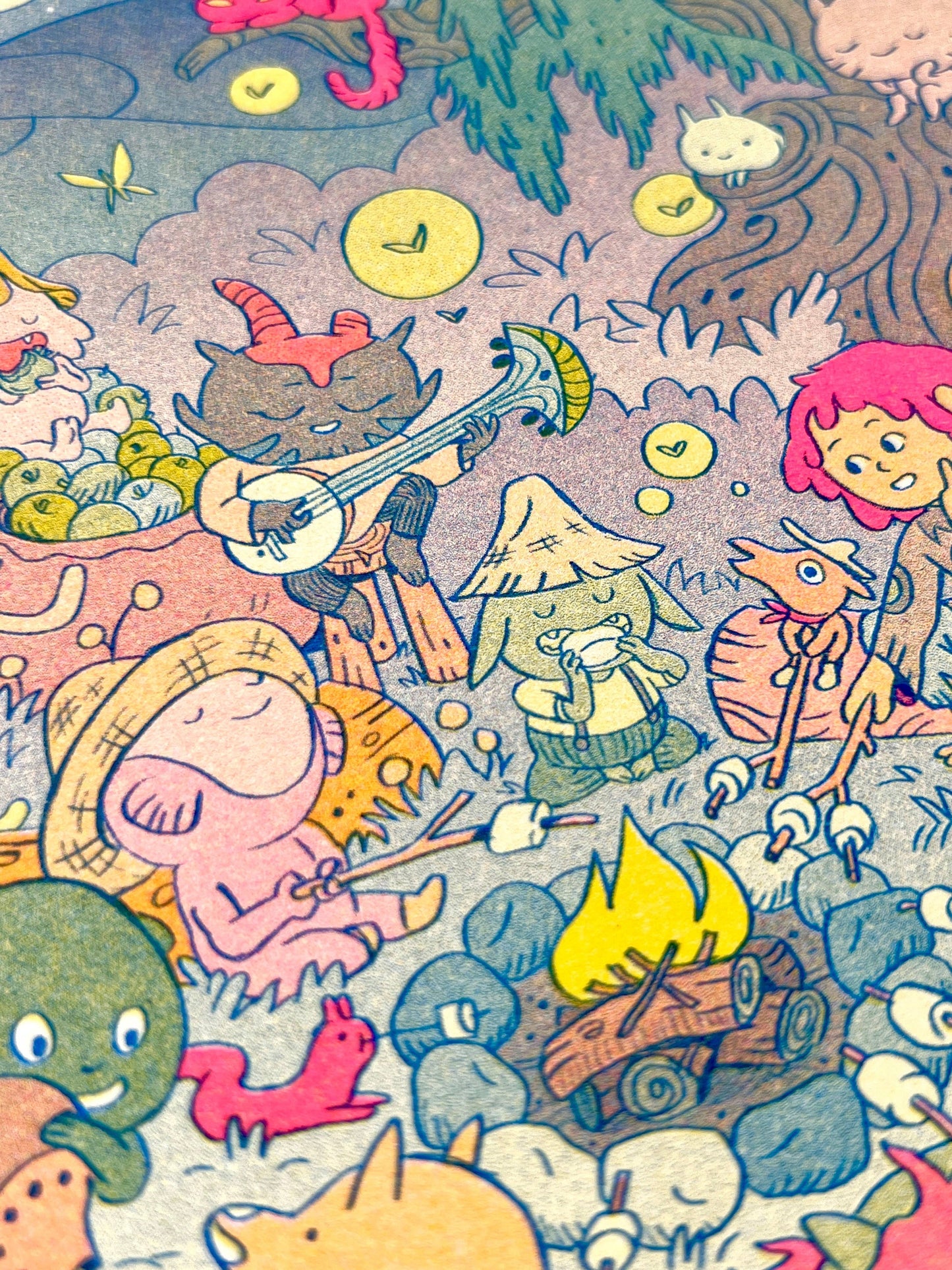 Campfire risograph print, woodland friends illustration, Natalie Andrewson riso art, blue yellow fluorescent pink riso, cozy forest scene artwork, campfire creature art, Patreon riso subscription print, indie printmaker risograph, square riso art, whimsical woodland illustration, collectible riso print, Rogue & Rye artist collection.