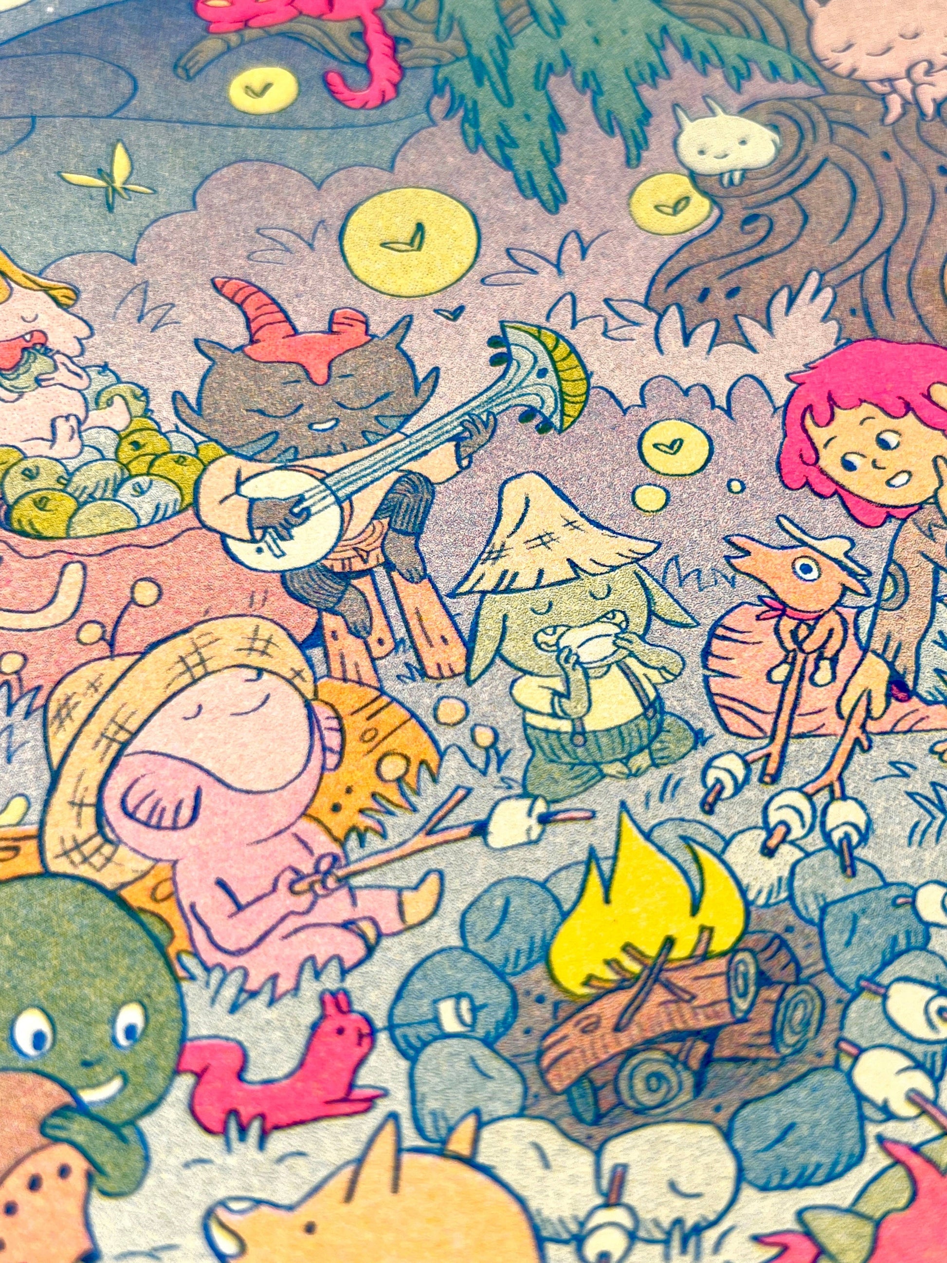 Campfire risograph print, woodland friends illustration, Natalie Andrewson riso art, blue yellow fluorescent pink riso, cozy forest scene artwork, campfire creature art, Patreon riso subscription print, indie printmaker risograph, square riso art, whimsical woodland illustration, collectible riso print, Rogue & Rye artist collection.