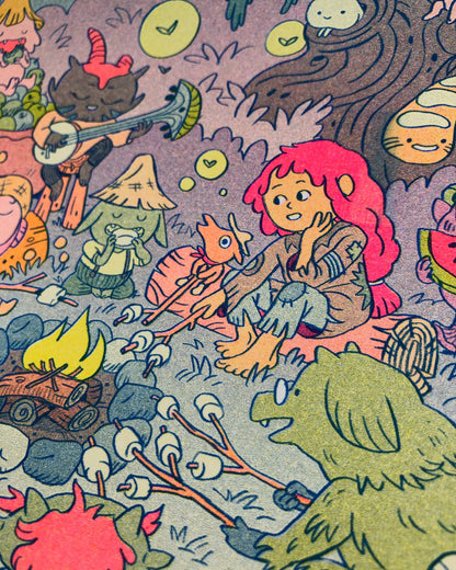 Campfire risograph print, woodland friends illustration, Natalie Andrewson riso art, blue yellow fluorescent pink riso, cozy forest scene artwork, campfire creature art, Patreon riso subscription print, indie printmaker risograph, square riso art, whimsical woodland illustration, collectible riso print, Rogue & Rye artist collection.