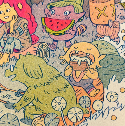 Campfire risograph print, woodland friends illustration, Natalie Andrewson riso art, blue yellow fluorescent pink riso, cozy forest scene artwork, campfire creature art, Patreon riso subscription print, indie printmaker risograph, square riso art, whimsical woodland illustration, collectible riso print, Rogue & Rye artist collection.