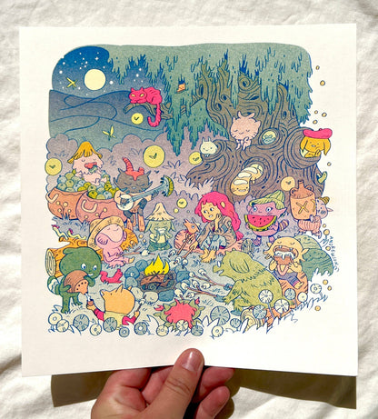 Campfire risograph print, woodland friends illustration, Natalie Andrewson riso art, blue yellow fluorescent pink riso, cozy forest scene artwork, campfire creature art, Patreon riso subscription print, indie printmaker risograph, square riso art, whimsical woodland illustration, collectible riso print, Rogue & Rye artist collection.