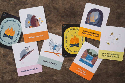 campfire stories deck for kids, kids storytelling cards, outdoor story game for kids, nature-themed story prompts, screen-free camping activity, creative storytelling for children, group story game for families, imaginative play cards, nature inspired kids game, fun travel activity for kids, collaborative story building, family storytelling game, campfire card game, story starters for kids, outdoor education game