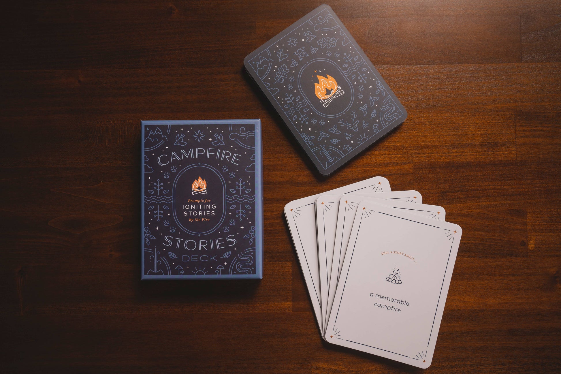 campfire stories deck, storytelling prompt cards, family campfire game, story cards for all ages, connection games for families, story starters deck, outdoor activity cards, camping conversation game, screen-free campfire fun, icebreaker card game, storytelling game for kids and adults, backyard game ideas, travel-friendly storytelling prompts, meaningful family activities, story game for group bonding