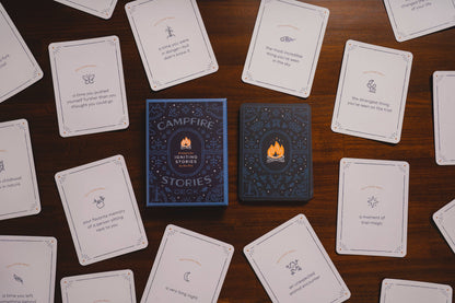 campfire stories deck, storytelling prompt cards, family campfire game, story cards for all ages, connection games for families, story starters deck, outdoor activity cards, camping conversation game, screen-free campfire fun, icebreaker card game, storytelling game for kids and adults, backyard game ideas, travel-friendly storytelling prompts, meaningful family activities, story game for group bonding