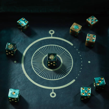 Candela Obscura dice, Critical Role dice set, Candela Obscura RPG accessories, paranormal RPG dice, Fairelands dice, pearlescent green d6 dice, gold gilded dice, custom six-sided dice, resin D6 set, Aaron Monroy logo dice, Critical Role Candela merch, horror fantasy RPG dice, gilded roleplaying dice, Candela Obscura tabletop gear, green and gold dice set