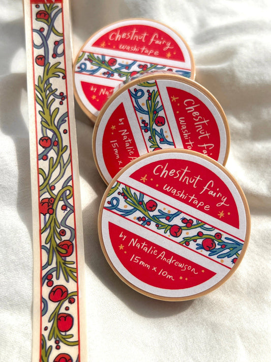 Chestnut Fairy washi tape rolls with red labels and illustrated botanical pattern