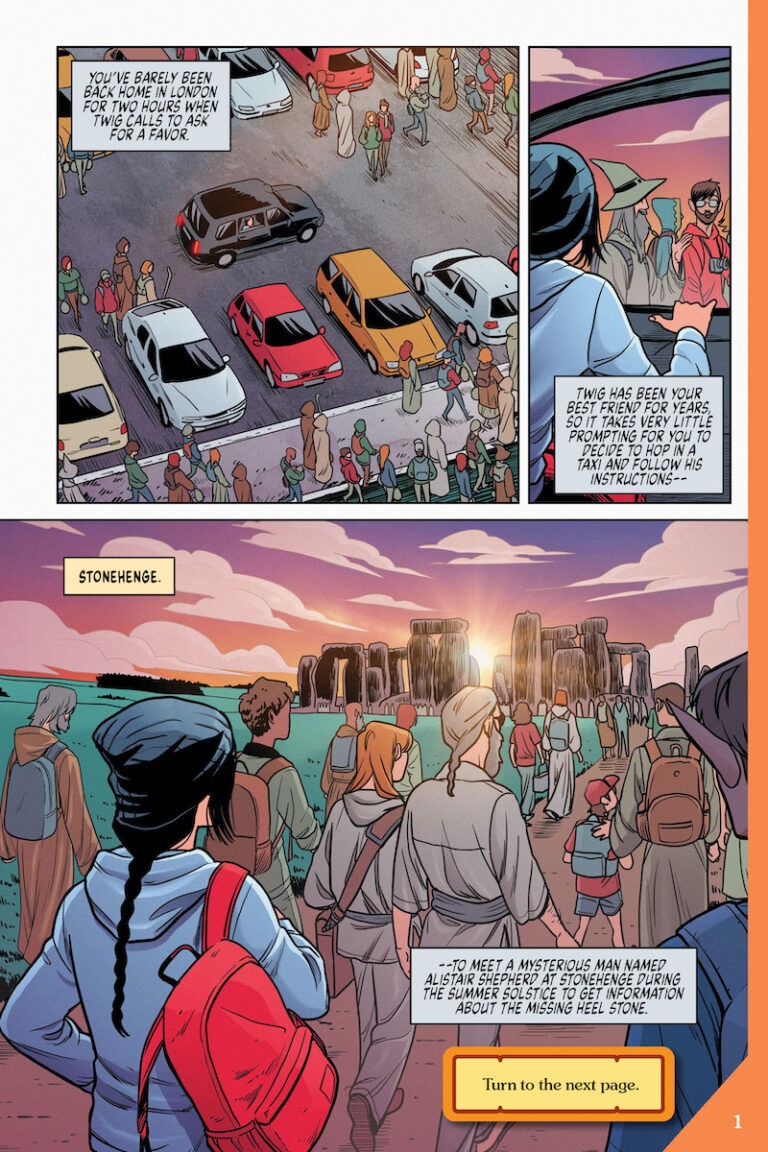 Choose Your Own Adventure graphic novel, Forecast From Stonehenge book, Stephanie Phillips CYOA, interactive comic for kids, Stonehenge adventure story, magical scythe graphic novel, mystery graphic novel for tweens, London underground adventure, middle grade CYOA book, choose-your-path graphic novel