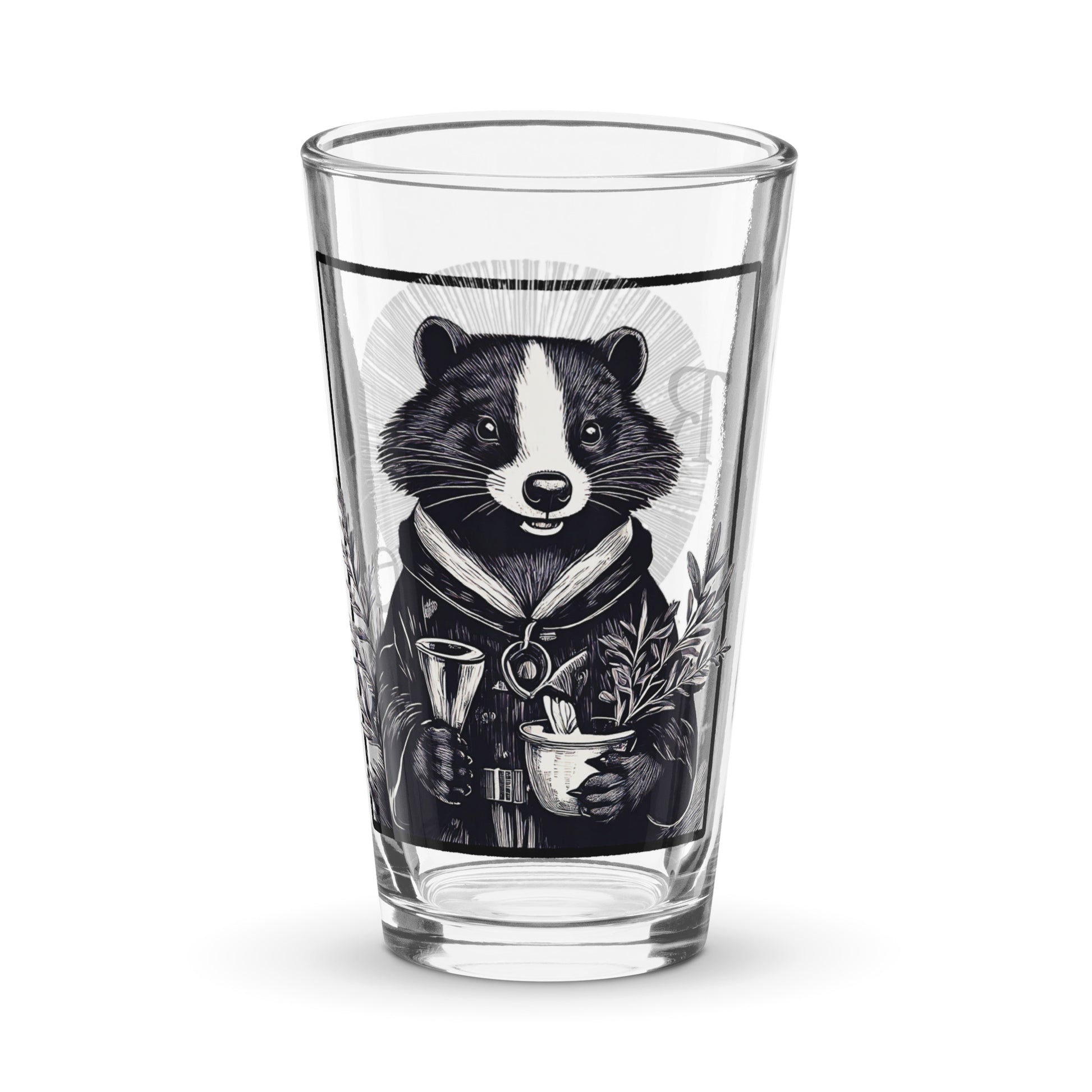 cleric pint glass, RPG pint glass, D&D healer drinkware, Rogue & Rye barware, fantasy shaker glass, tabletop gaming drinkware, 16 oz cleric glass, skunk character glass, herbal gin and tonic glass, RPG gift for gamers