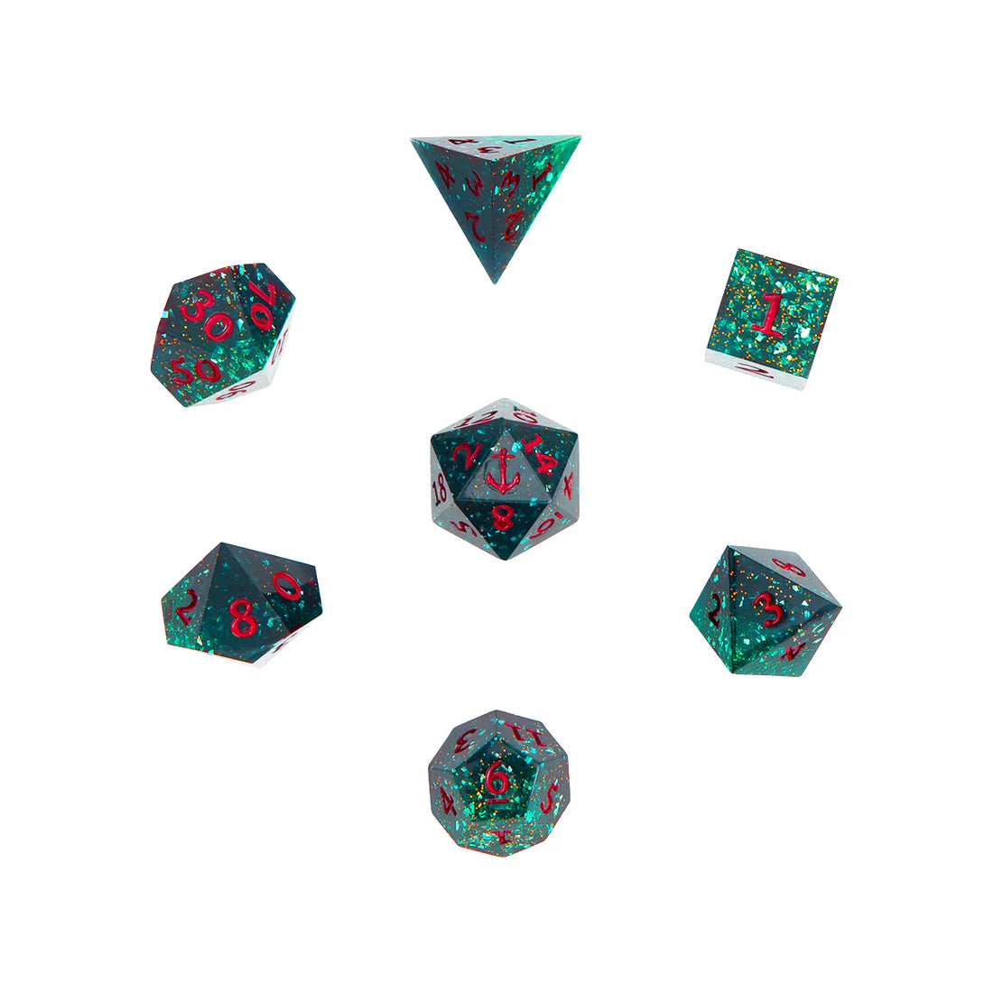 Set of dark teal glitter suspension polyhedral dice with a nautical theme anchor d20 to represent mighty nein character fjord stone on a white background