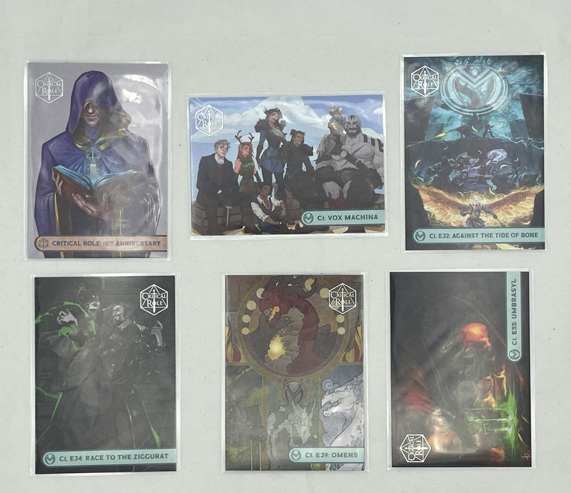 Collectible Critical Role 10th Anniversary Trading Cards full base-card set featuring beautiful artwork representing characters and moments from the series perfect for tabletop RPG fans and card collectors