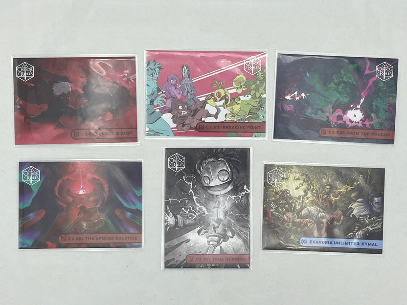 Collectible Critical Role 10th Anniversary Trading Cards full base-card set featuring beautiful artwork representing characters and moments from the series perfect for tabletop RPG fans and card collectors