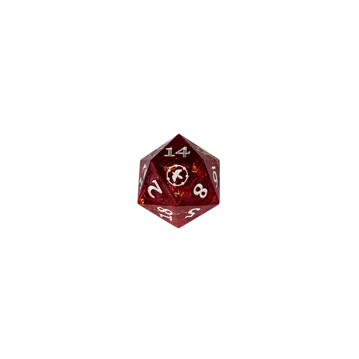 Red and gold Aramán Schemers d20 with custom bird icon on the 20-face