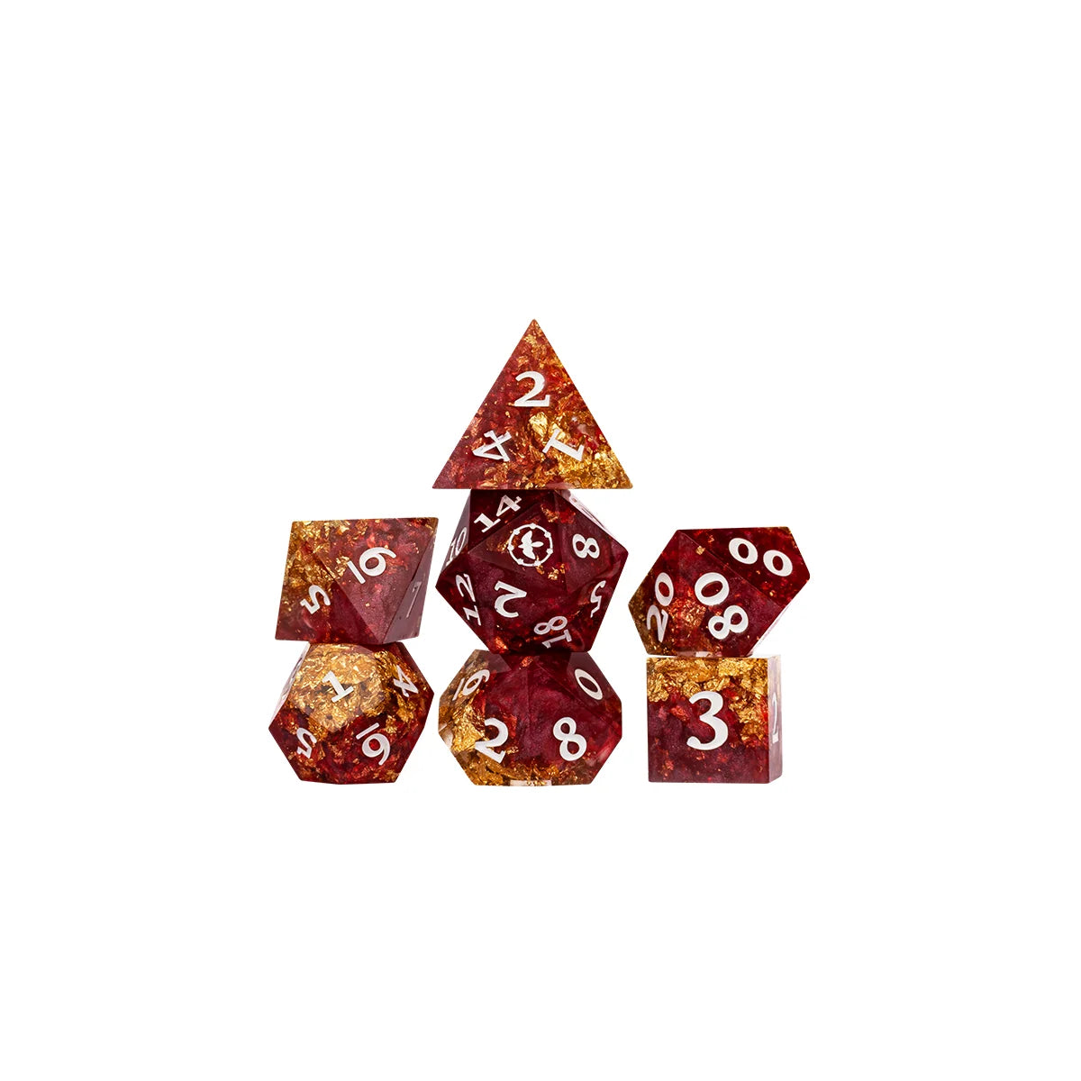 Aramán Schemers polyhedral dice grouped together, showing deep red resin and shimmering gold flakes