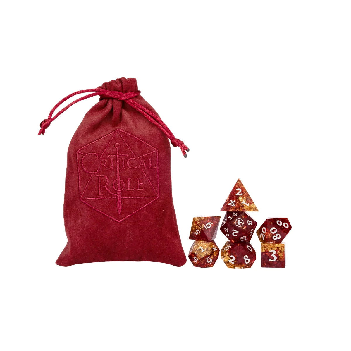 Critical Role Aramán Schemers dice set with seven red and gold polyhedral dice and maroon drawstring bag