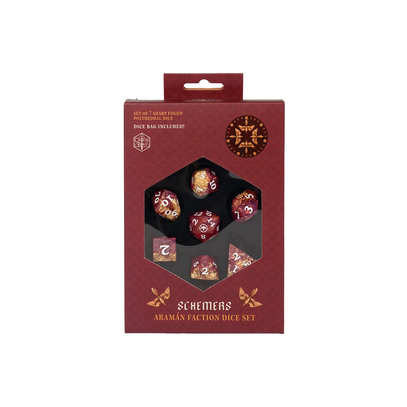 Critical Role Aramán Schemers dice set in its red retail box with dice visible through the front window
