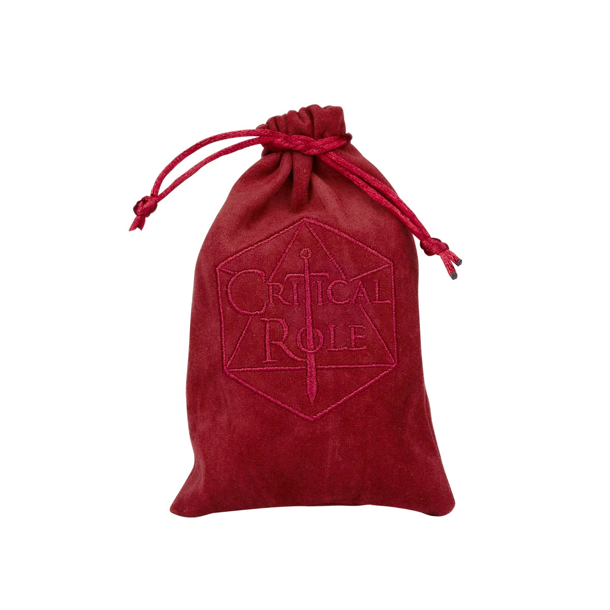 Maroon velveteen drawstring dice bag embroidered with the Critical Role logo