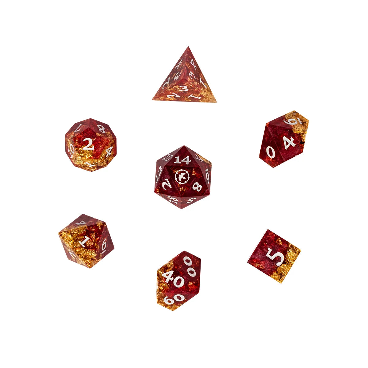 Seven red and gold polyhedral dice from the Critical Role Aramán Schemers dice set