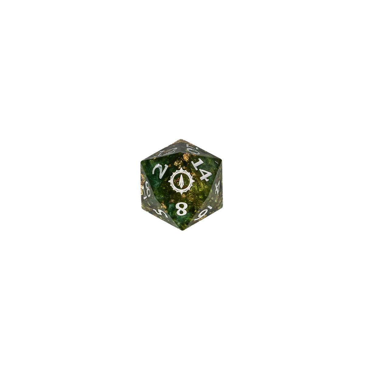 Green and gold Aramán Seekers d20 with custom compass icon on the 20-face