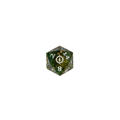 Green and gold Aramán Seekers d20 with custom compass icon on the 20-face
