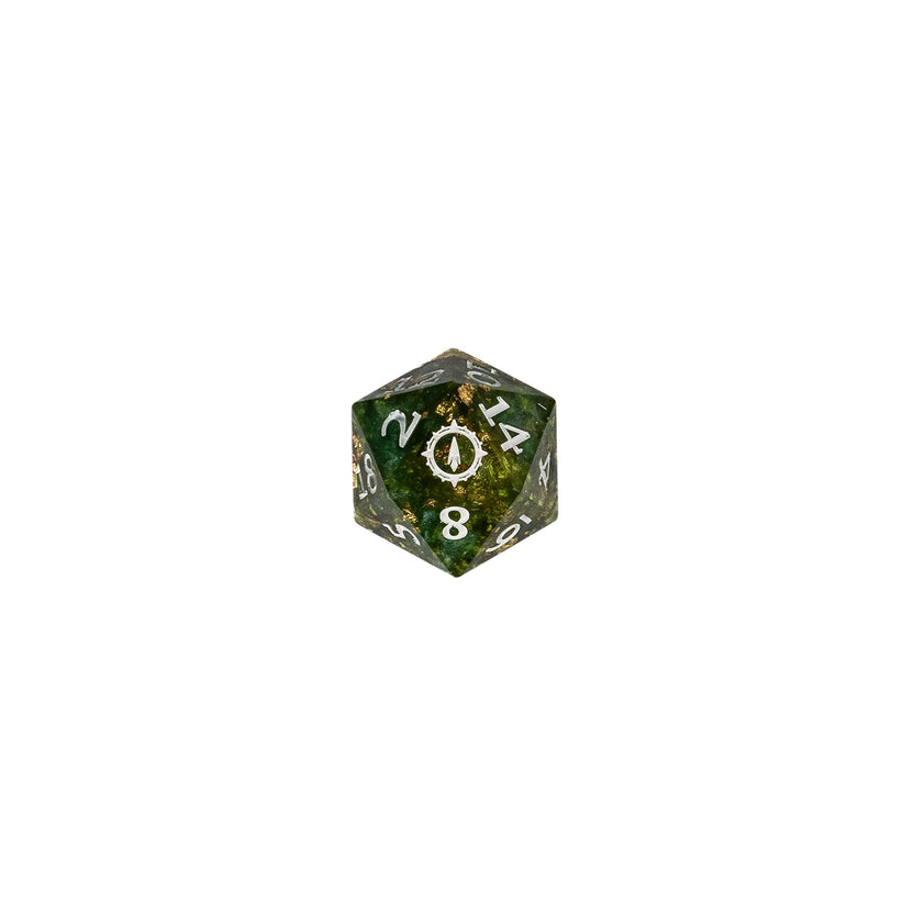 Green and gold Aramán Seekers d20 with custom compass icon on the 20-face