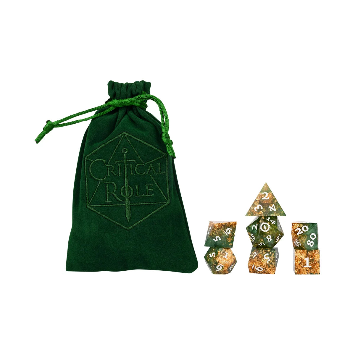 Critical Role Aramán Seekers dice set with seven green and gold polyhedral dice and forest green drawstring bag