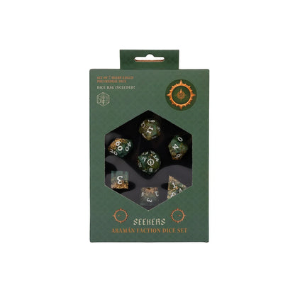 Critical Role Aramán Seekers dice set in its green retail box with dice visible through the front window