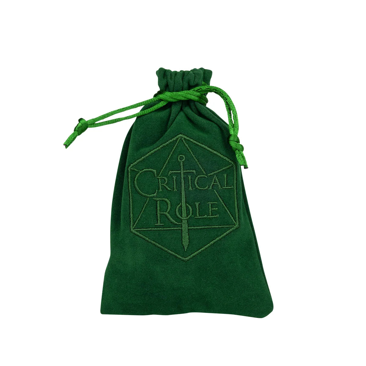Forest green velveteen drawstring dice bag embroidered with the Critical Role logo