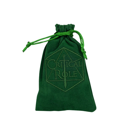 Forest green velveteen drawstring dice bag embroidered with the Critical Role logo