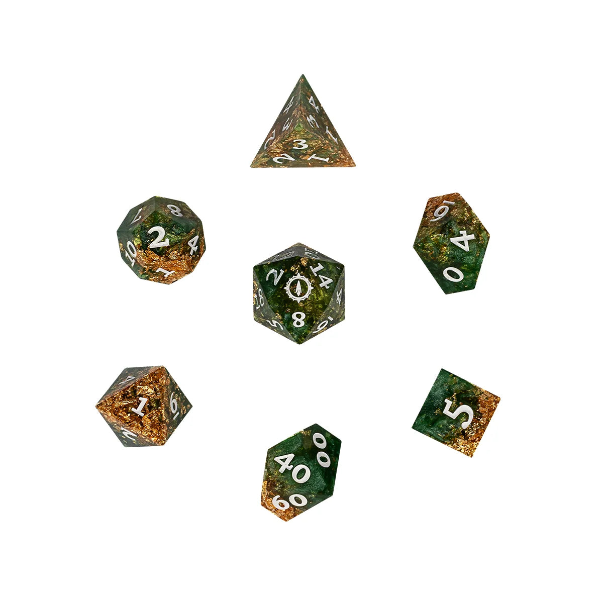 Seven green and gold polyhedral dice from the Critical Role Aramán Seekers dice set