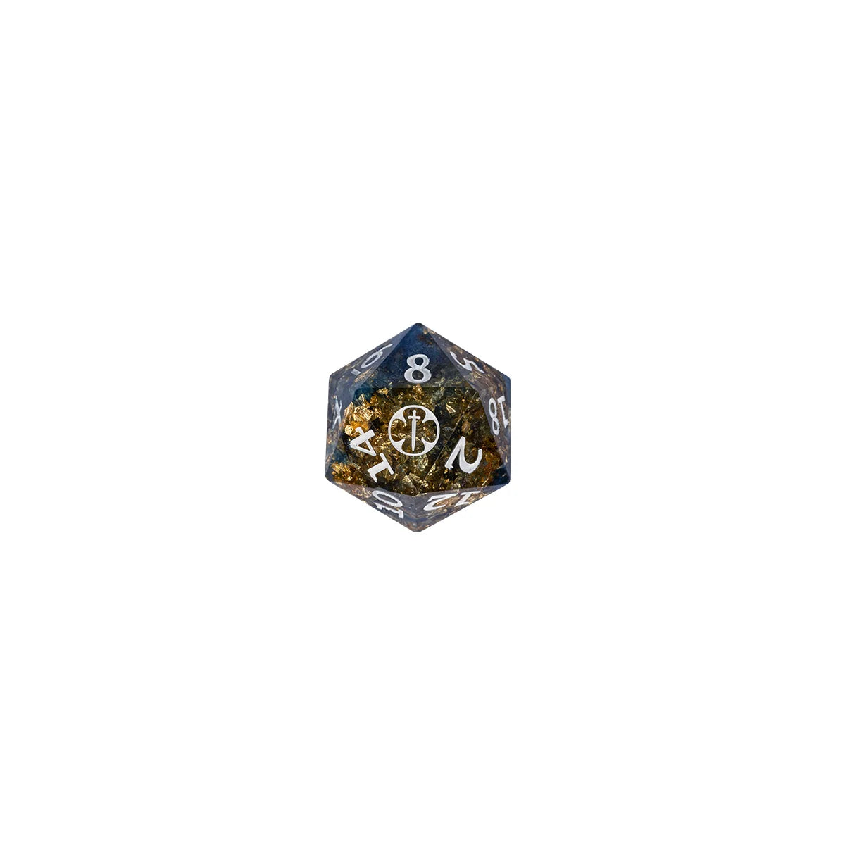 Blue and gold Aramán Soldiers d20 with custom sword icon on the 20-face
