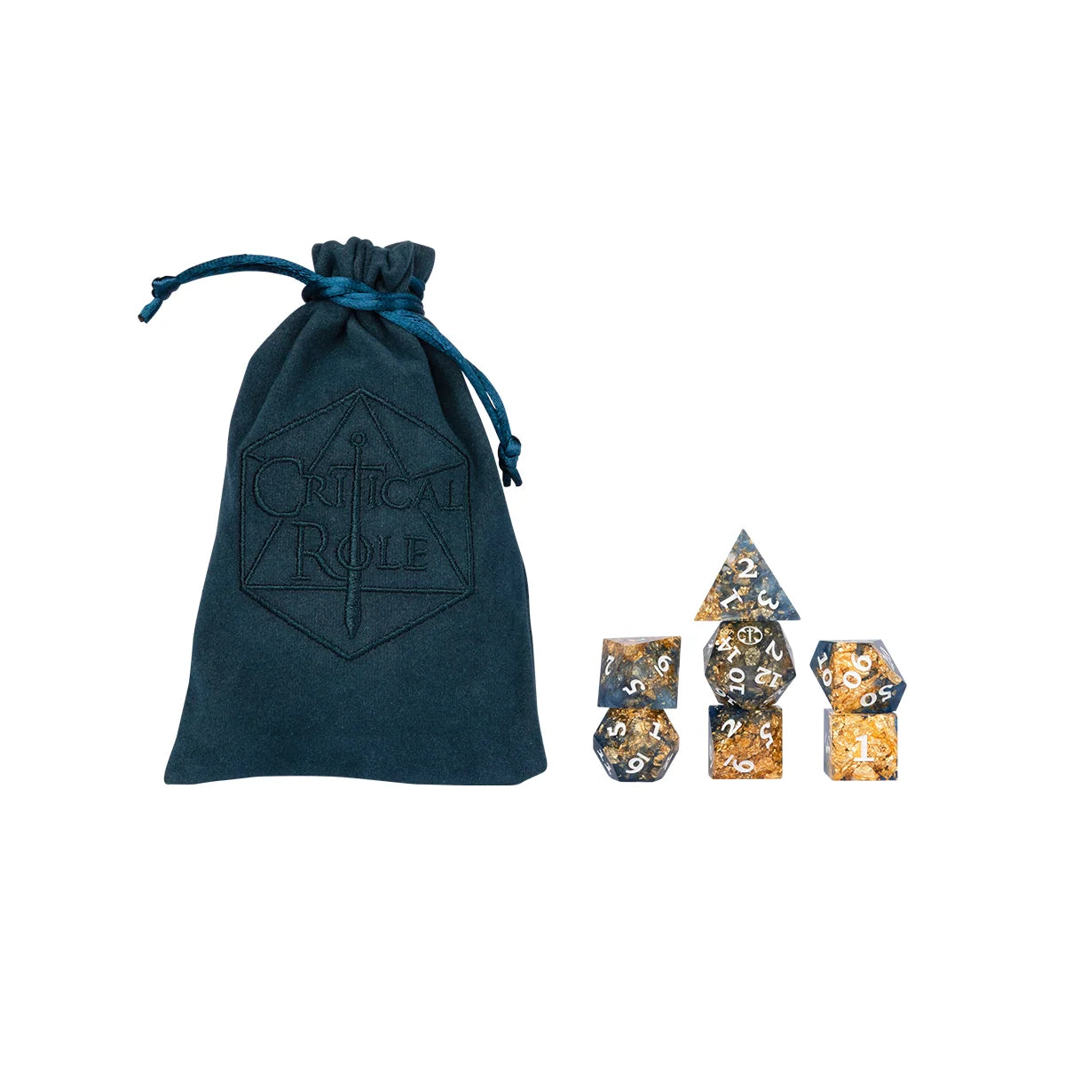 Critical Role Aramán Soldiers dice set with seven blue and gold polyhedral dice and navy drawstring bag
