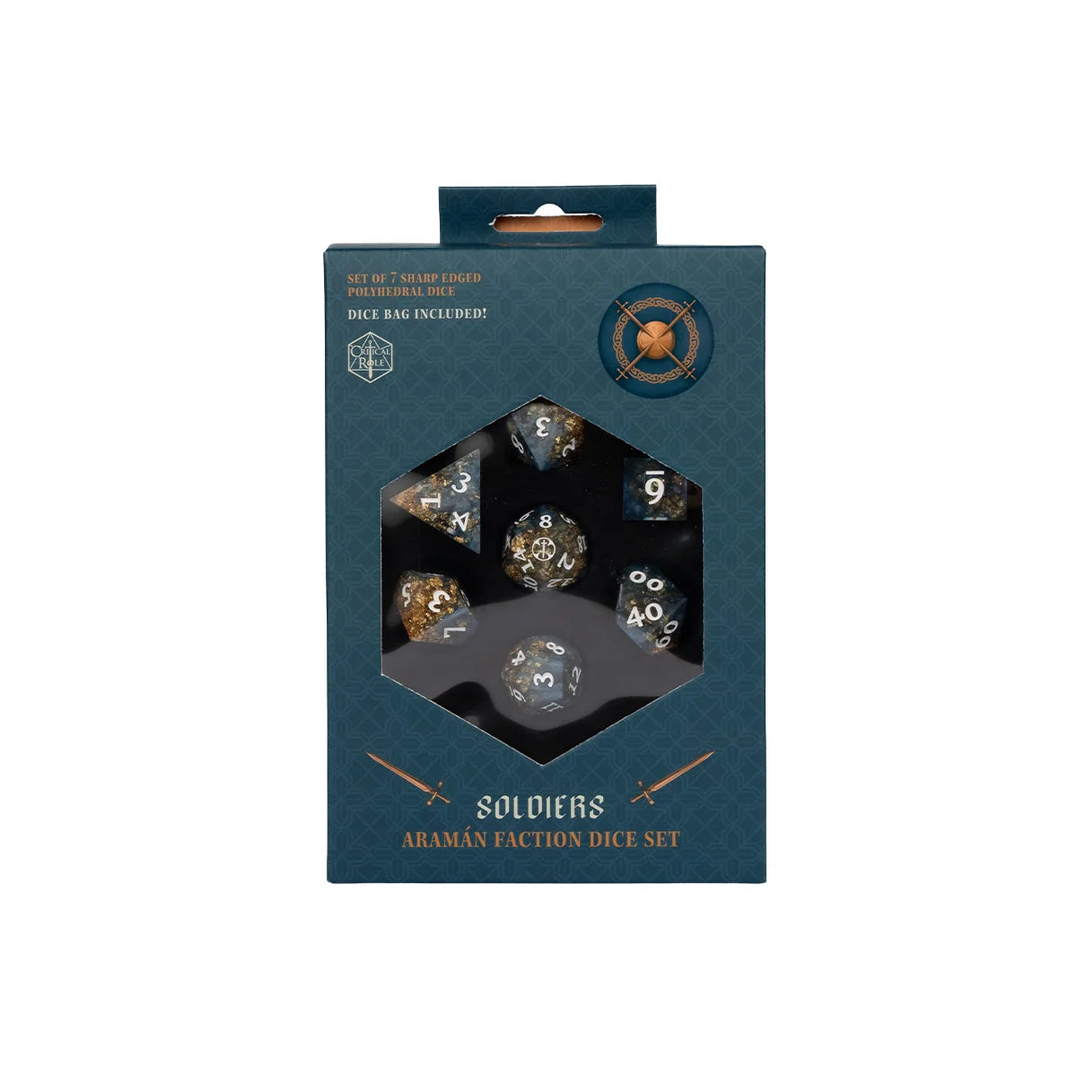 Critical Role Aramán Soldiers dice set in its blue retail box with dice visible through the front window