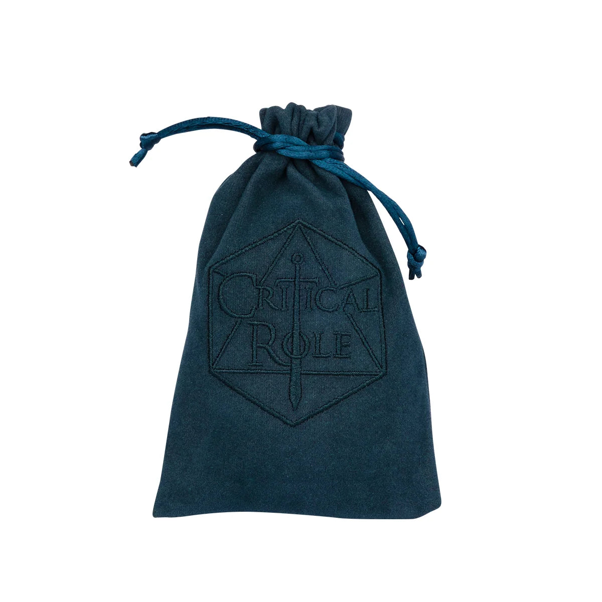 Navy blue velveteen drawstring dice bag embroidered with the Critical Role logo