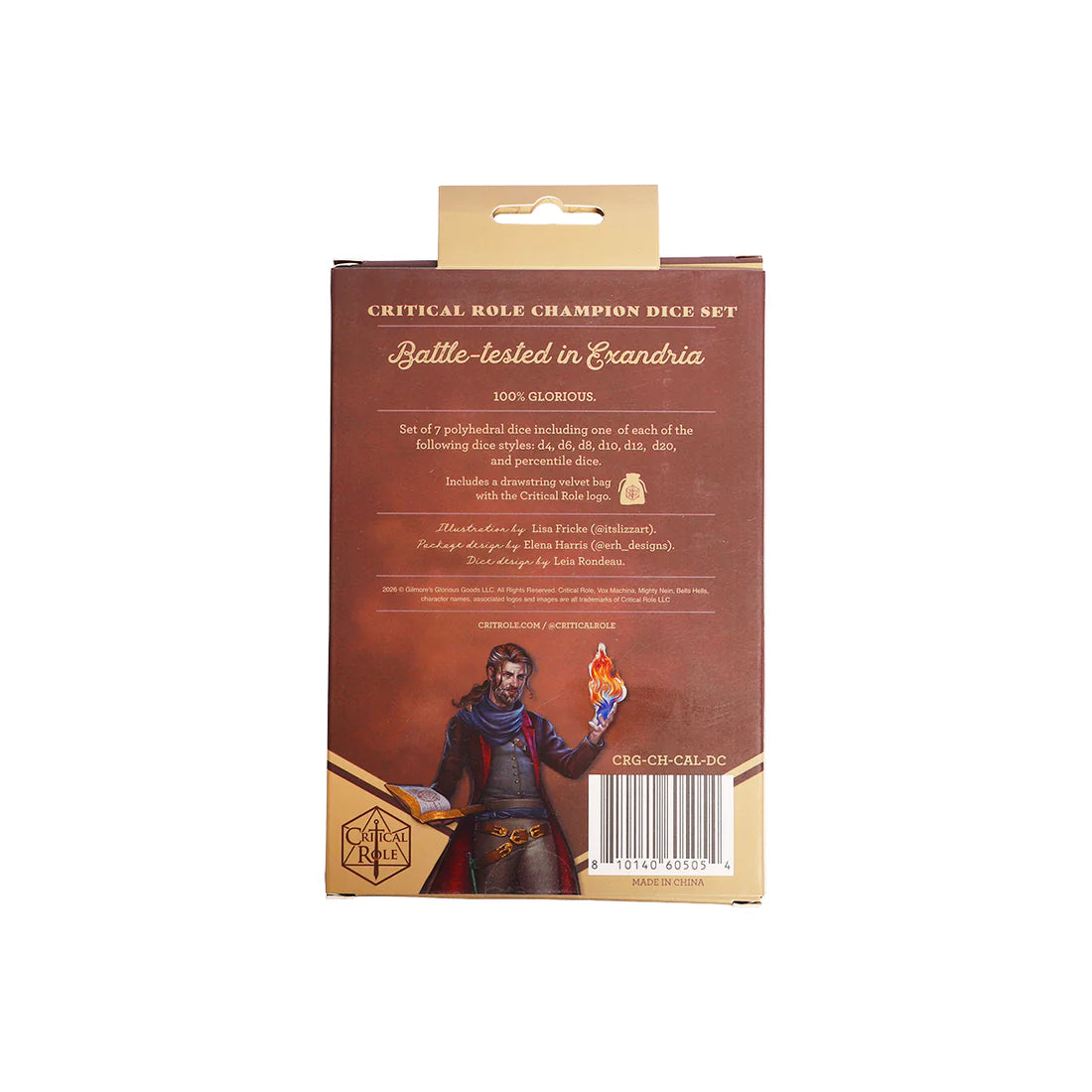 Critical Role Caleb Widogast Champion Dice Set by Darrington Press featuring maroon and blue sharp-edged resin dice with gold numbering.