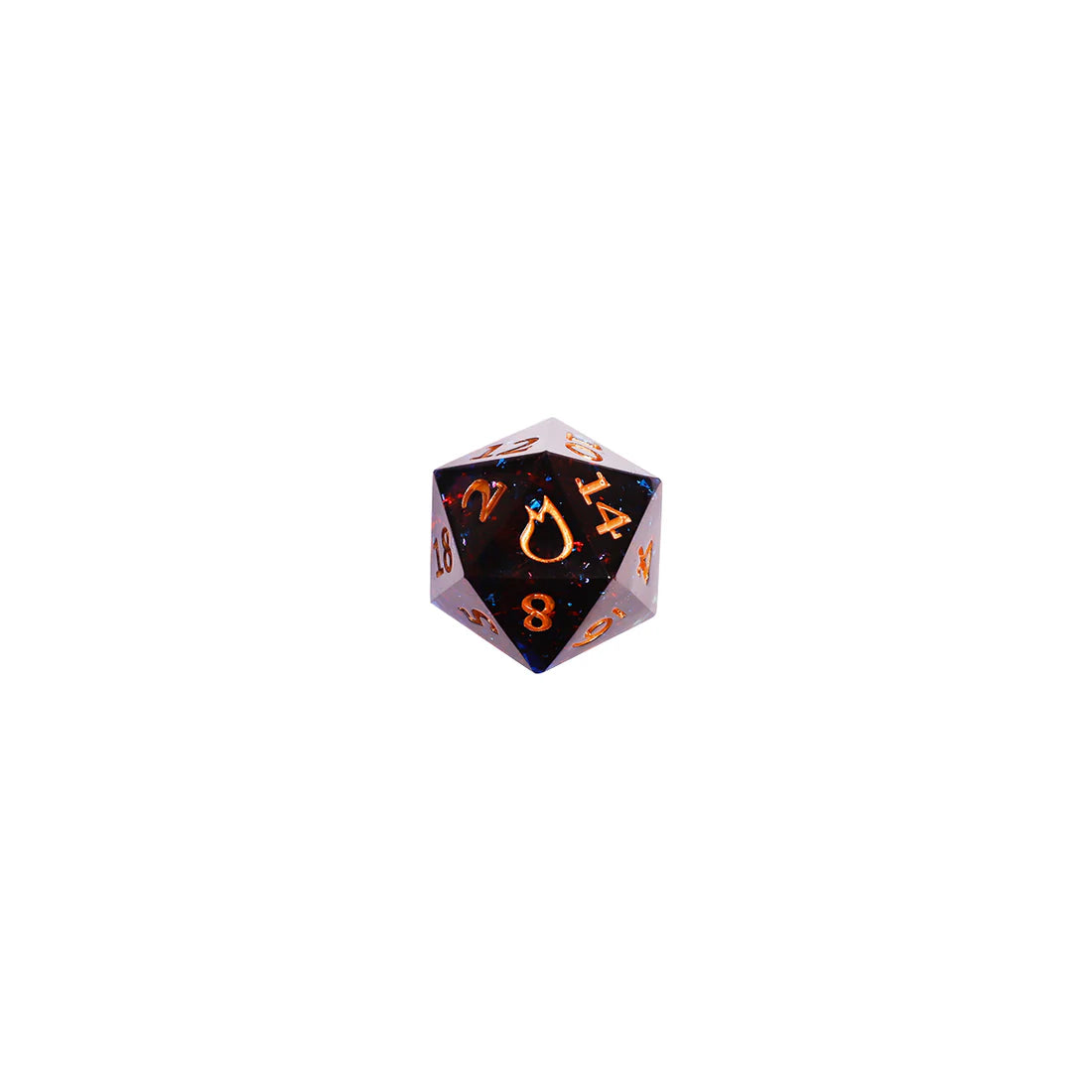 Critical Role Caleb Widogast Champion Dice Set by Darrington Press featuring maroon and blue sharp-edged resin dice with gold numbering.