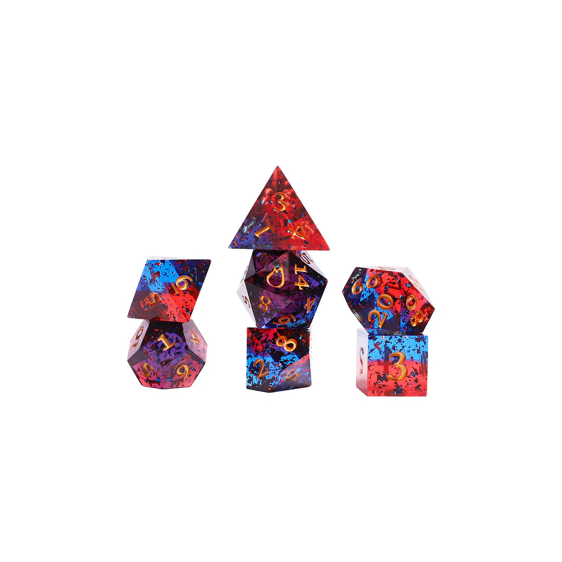 Critical Role Caleb Widogast Champion Dice Set by Darrington Press featuring maroon and blue sharp-edged resin dice with gold numbering.