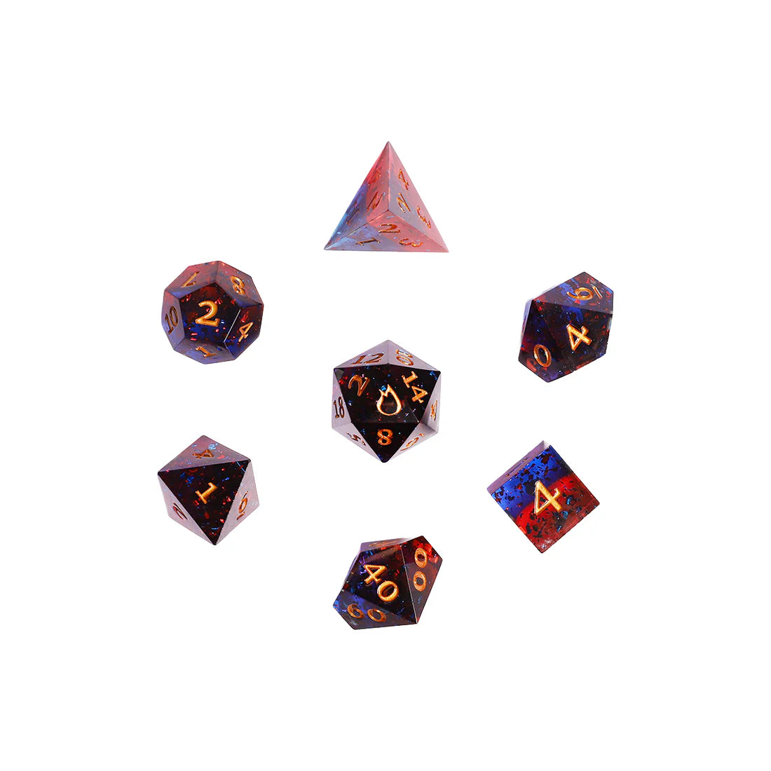 Critical Role Caleb Widogast Champion Dice Set by Darrington Press featuring maroon and blue sharp-edged resin dice with gold numbering.