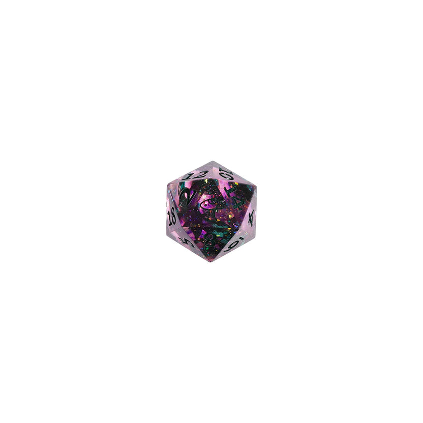 Close-up of the custom d20 from the Critical Role Champion Dice Set inspired by Caduceus Clay. The sharp-edged resin die features swirling pink and purple tones, iridescent shimmer, green botanical inclusions, dark green numbering, and a custom mushroom icon representing Caduceus's connection to nature, growth, and quiet wisdom.