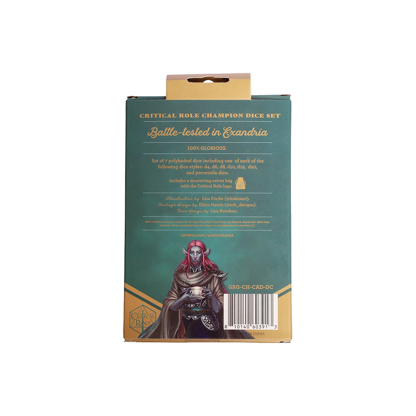Back of the Critical Role Champion Dice Set: Caduceus Clay collector box featuring product details, artist credits, and character artwork. The teal and gold packaging includes an illustration of Caduceus Clay holding a teacup, along with information about the seven-piece sharp-edged polyhedral dice set and included embroidered velveteen dice bag.