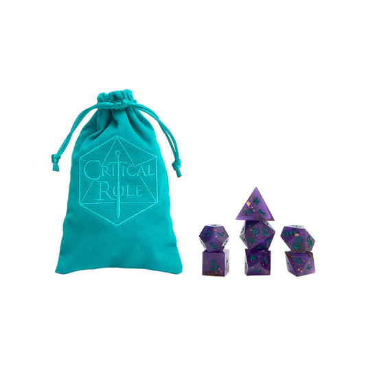 Critical Role Mollymauk Tealeaf Champion Dice Set inspired by the Mighty Nein tiefling blood hunter Sharp-edged purple resin polyhedral dice with gold shimmer and teal numbering