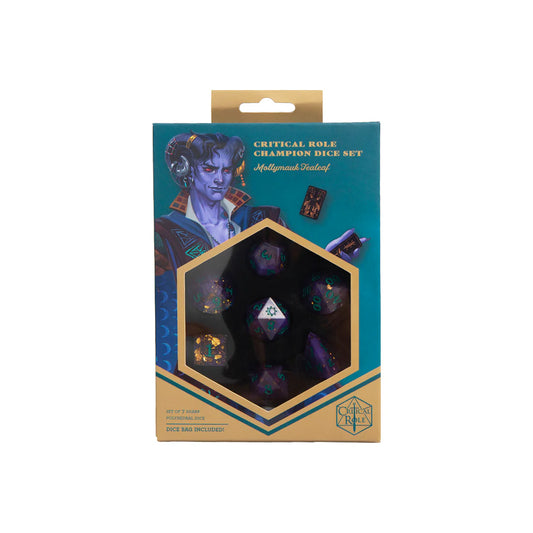 Critical Role Mollymauk Tealeaf Champion Dice Set inspired by the Mighty Nein tiefling blood hunter Sharp-edged purple resin polyhedral dice with gold shimmer and teal numbering