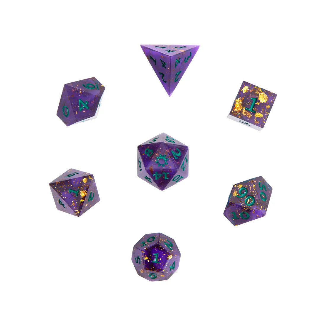 Critical Role Mollymauk Tealeaf Champion Dice Set inspired by the Mighty Nein tiefling blood hunter Sharp-edged purple resin polyhedral dice with gold shimmer and teal numbering